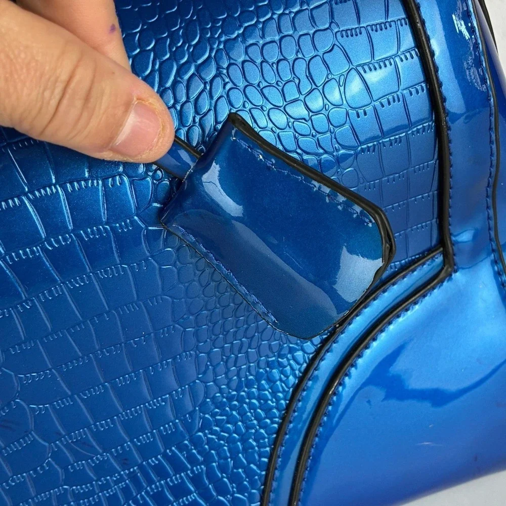 Blue Croc Embossed Patent Satchel Bag - Medium - Y2K Glam Maximalist Handbag